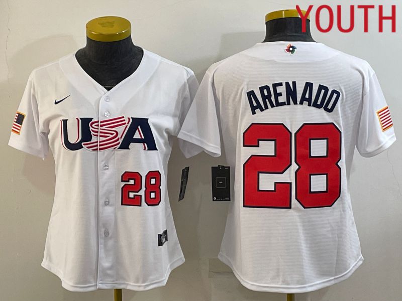 Youth 2023 World Cub USA 28 Arenado White MLB Jersey2